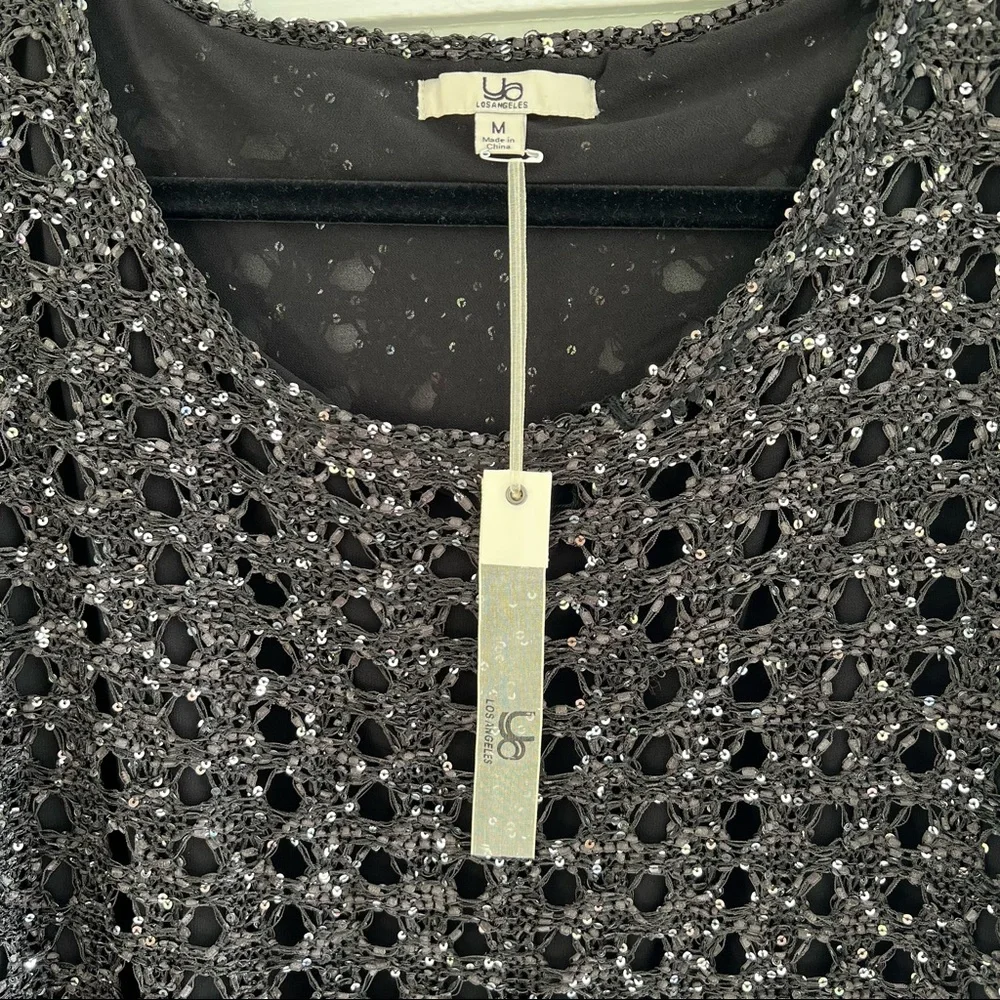 NWT Black Sequin Knit & Chiffon Lightweight Sweater Top - Holiday Style - Picture 3 of 11